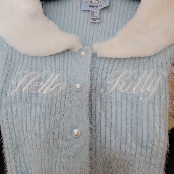 Hello Kitty & Friends X Forever 21 Blue Knit Cardigan W/Faux Fur Collar & Cuff - Picture 6 of 16